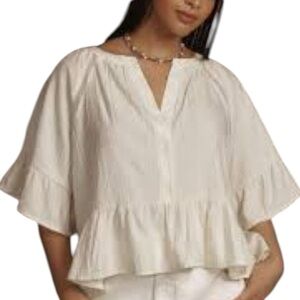 Anthropologie Sz XSP Boho Oversized Short-Sleeve Peplum Swing Top White